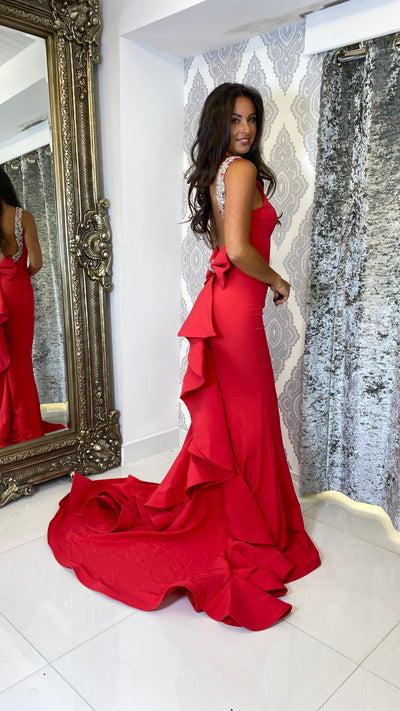 Red Backless Bow Back Evening Gown