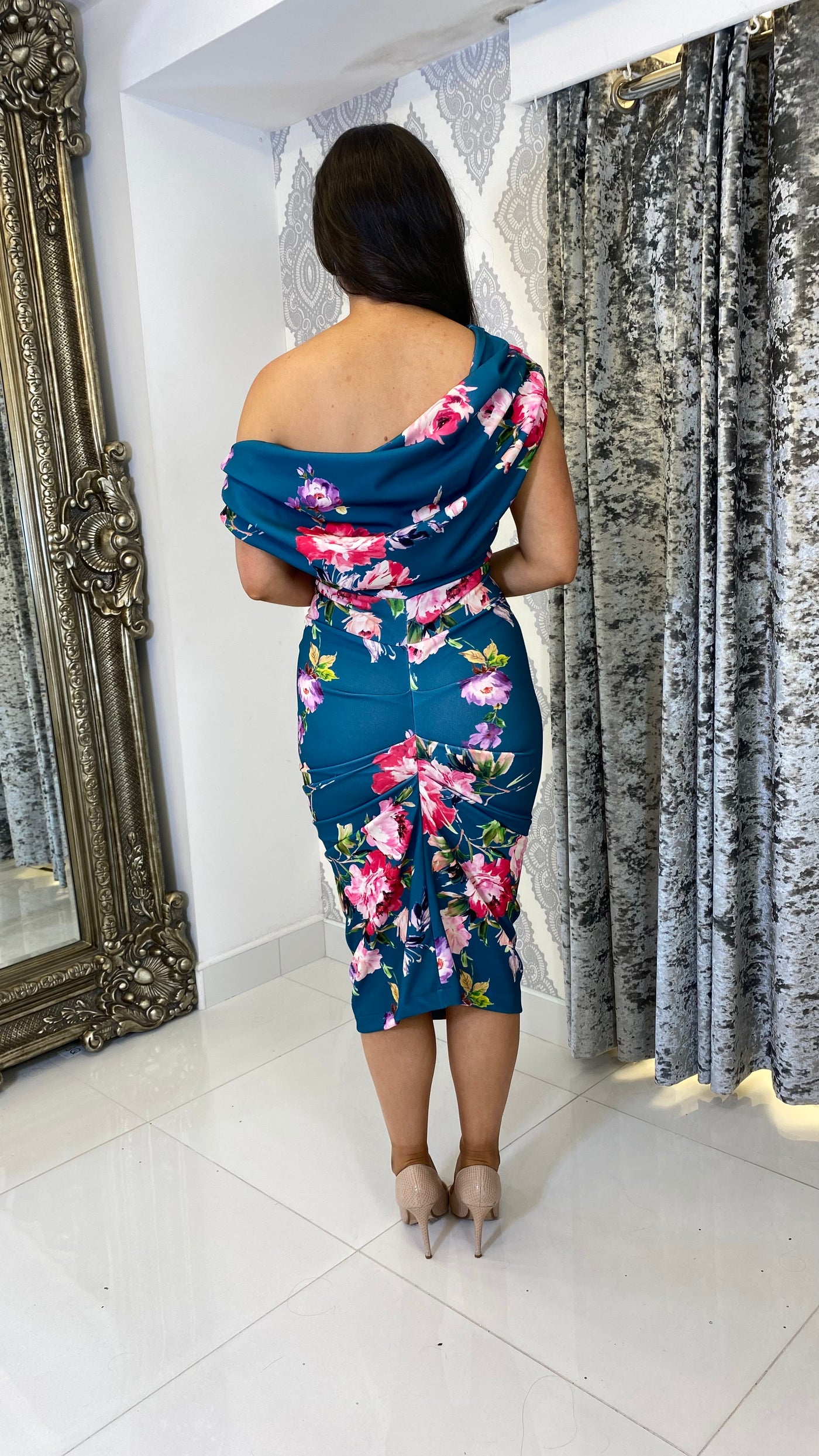 Teal Floral Print Drape Shoulder Midi Bodycon Dress