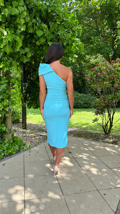 One Shoulder Midi Crepe Dress in Turquoise Blue