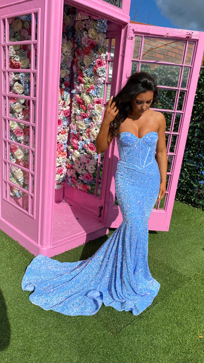Baby Blue Sequin Corset Strapless Evening Gown