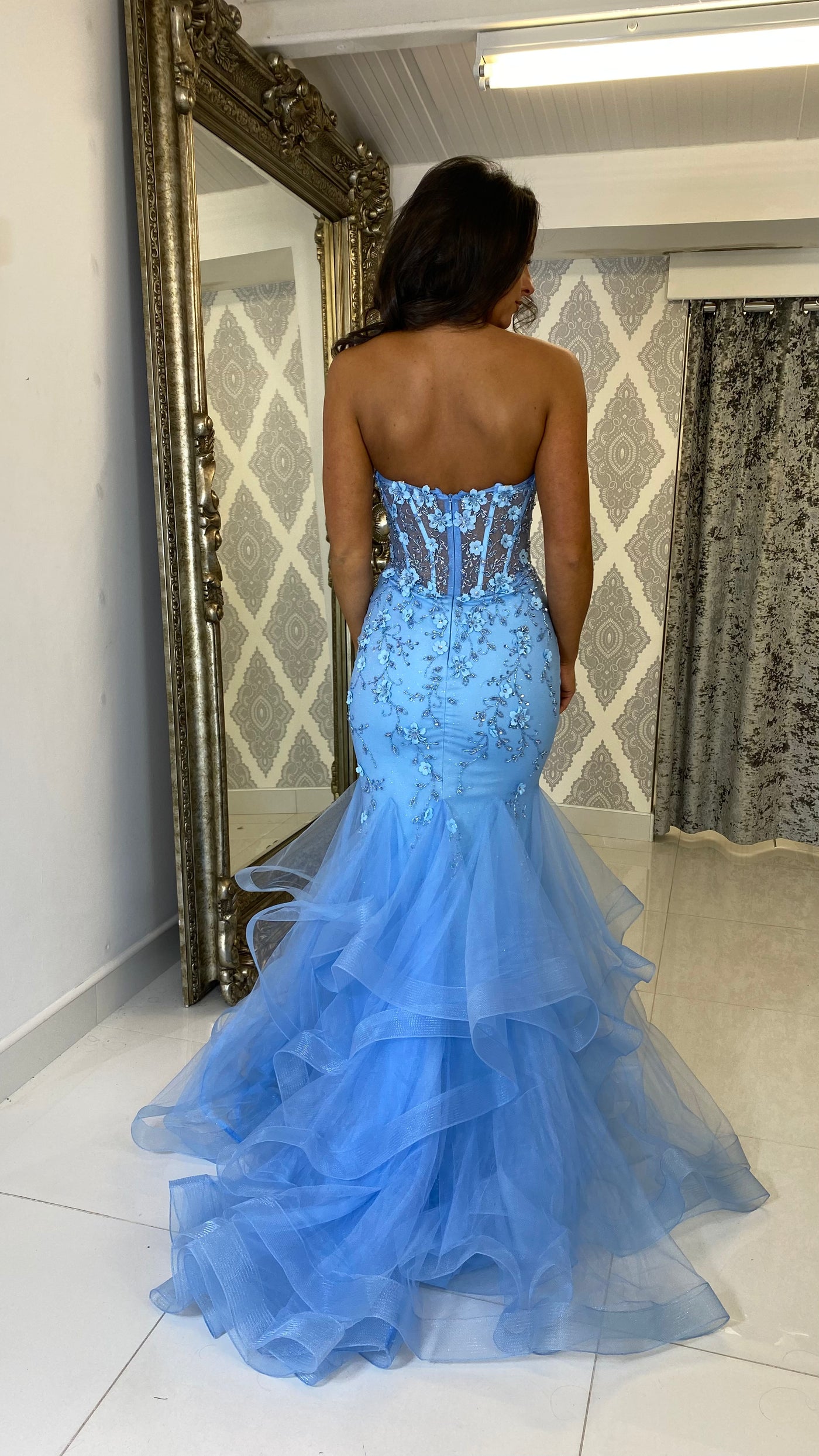 Baby Blue Corset Jewell Strapless Fishtail Prom Dress