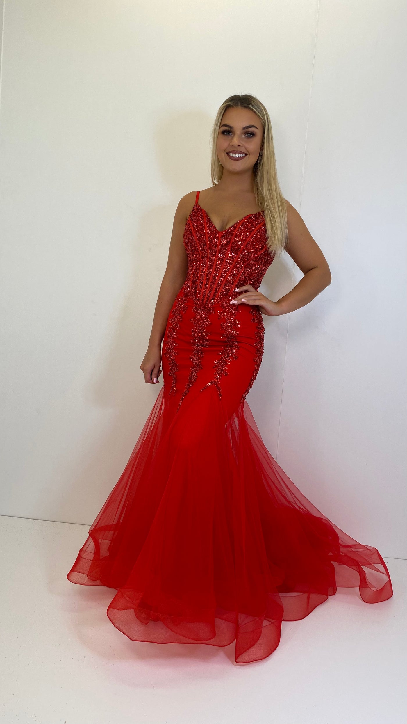 Red Jewell Corset Fishtail Prom Dress