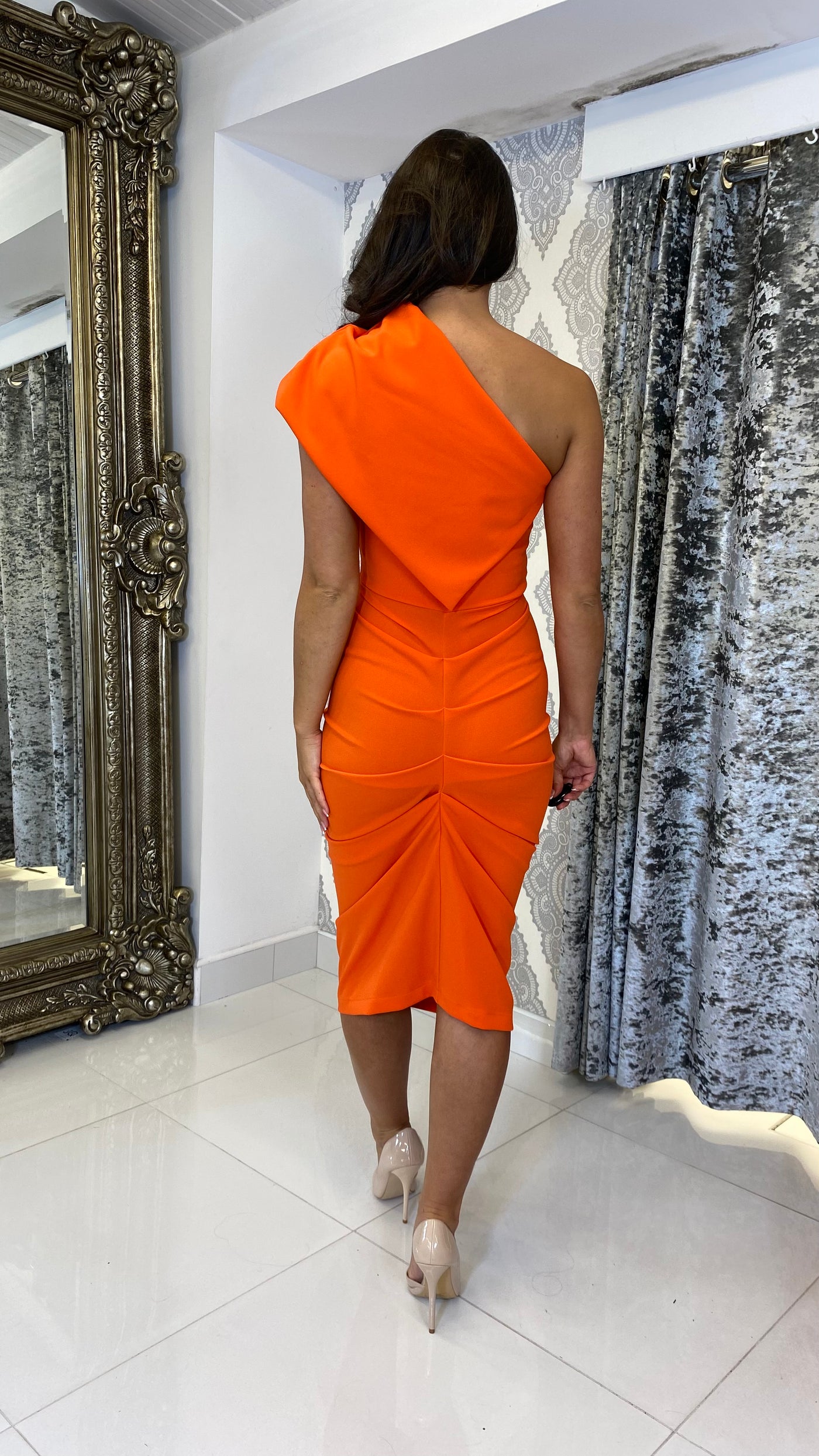Miley Orange Midi Bodycon Ruched Dress