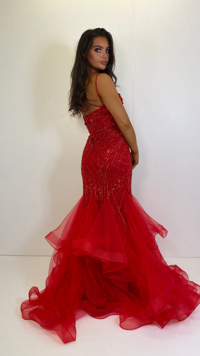 Red V-Neck Strap Back Fishtail Prom Dress