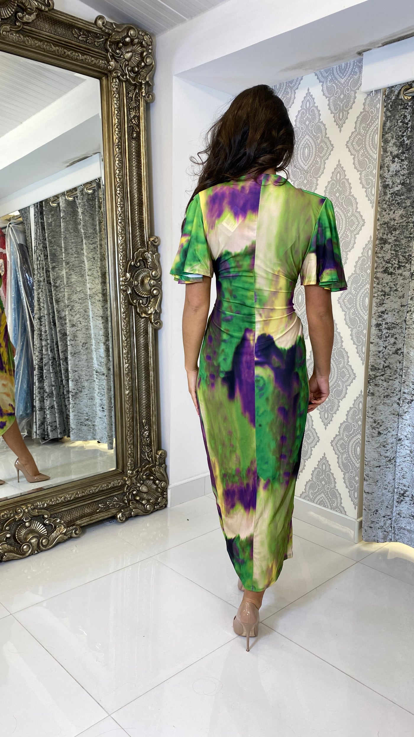 Green Marble Print Frill Sleeve Midi Dress