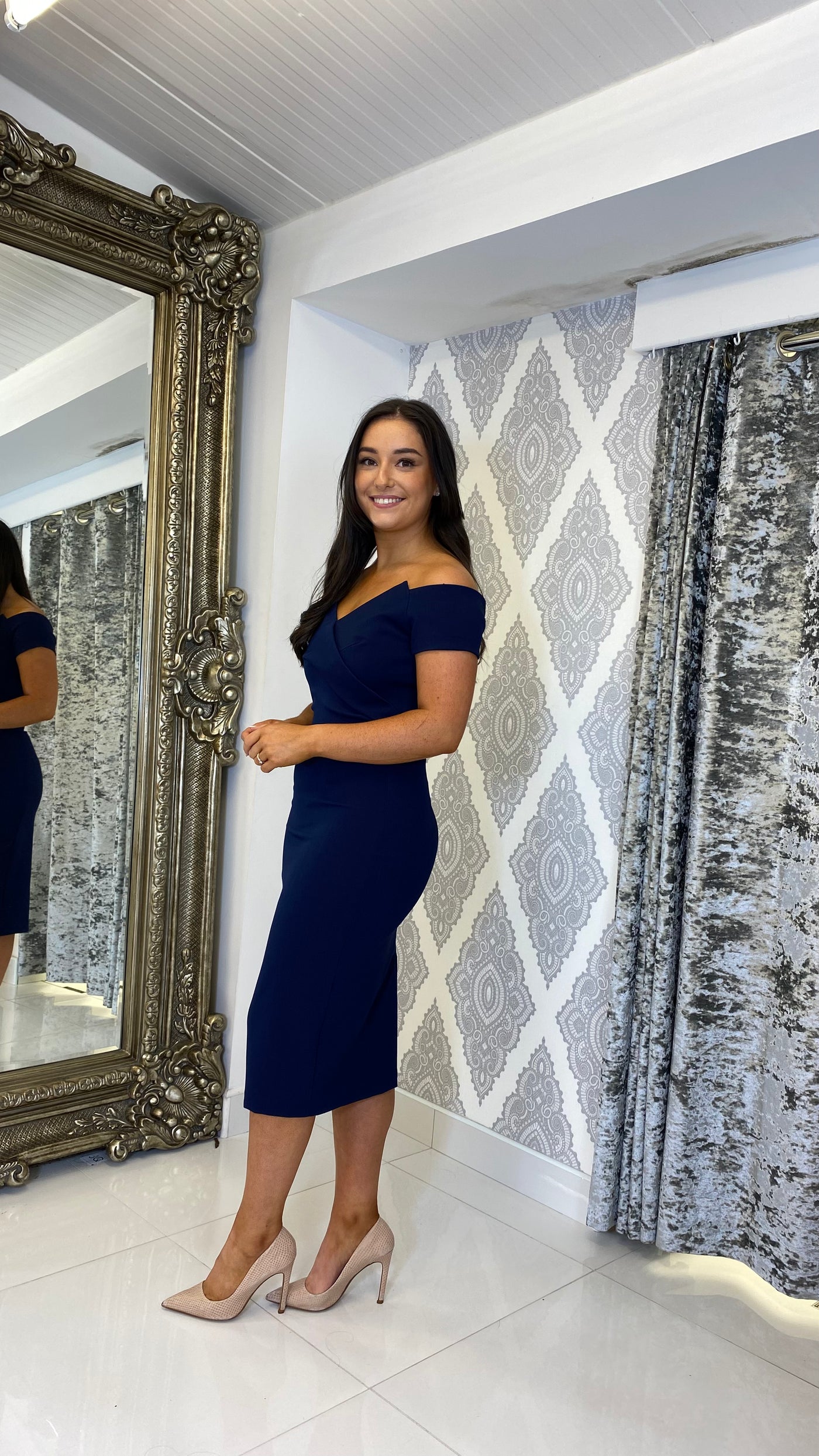 Navy Pointed Bardot Midi Wedding Guest Dress Rosies Closet