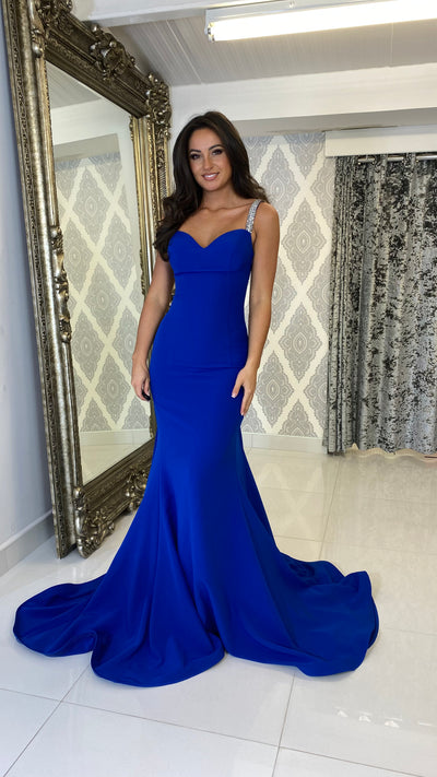 Royal Blue Diamonte 3 Strap Back Prom Dress