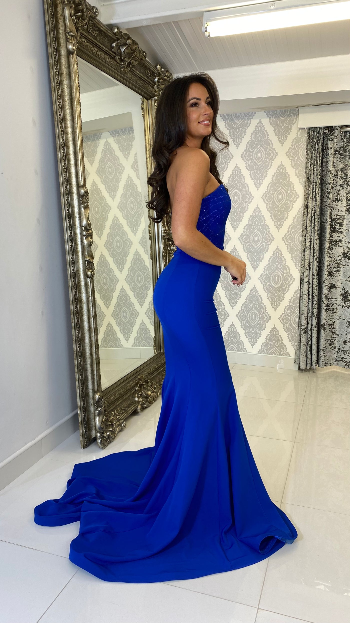 Royal Blue Strapless Glitter Prom Dress
