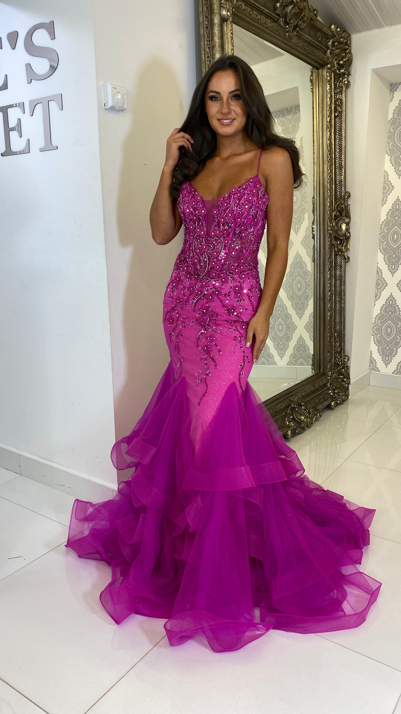 Fuchsia Pink Corset Jewell Fishtail Prom Dress