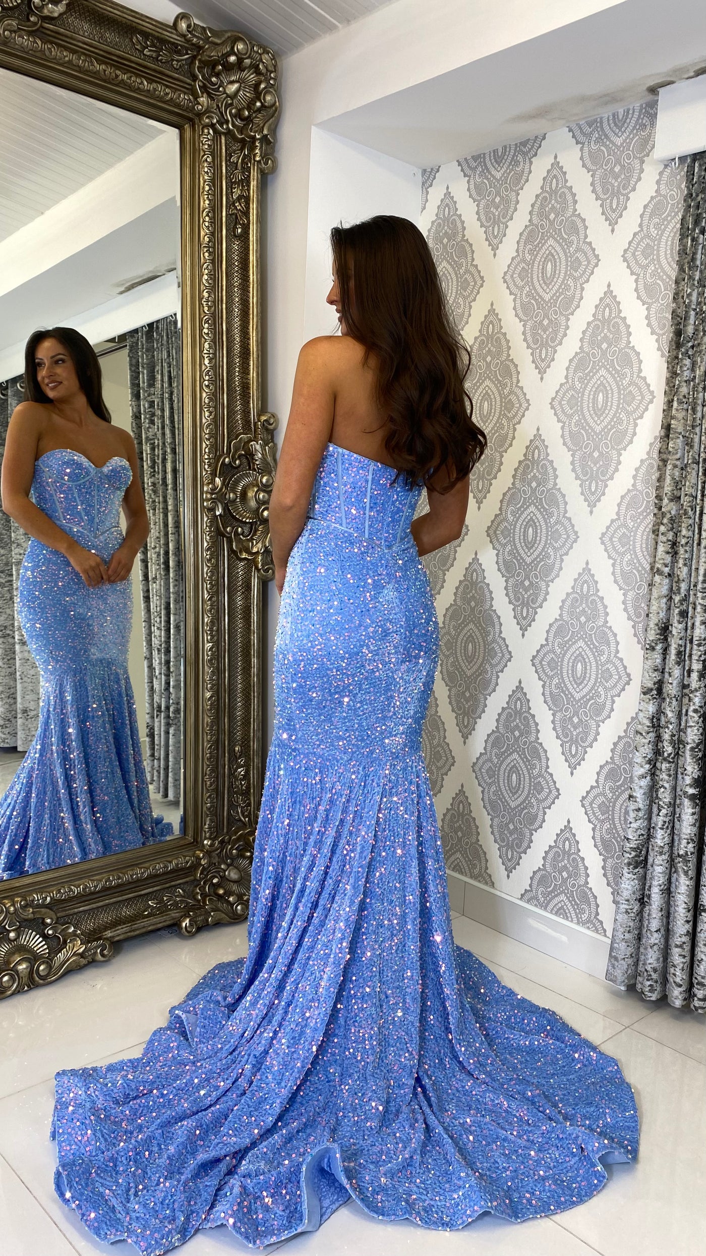 Baby Blue Sequin Corset Strapless Evening Gown
