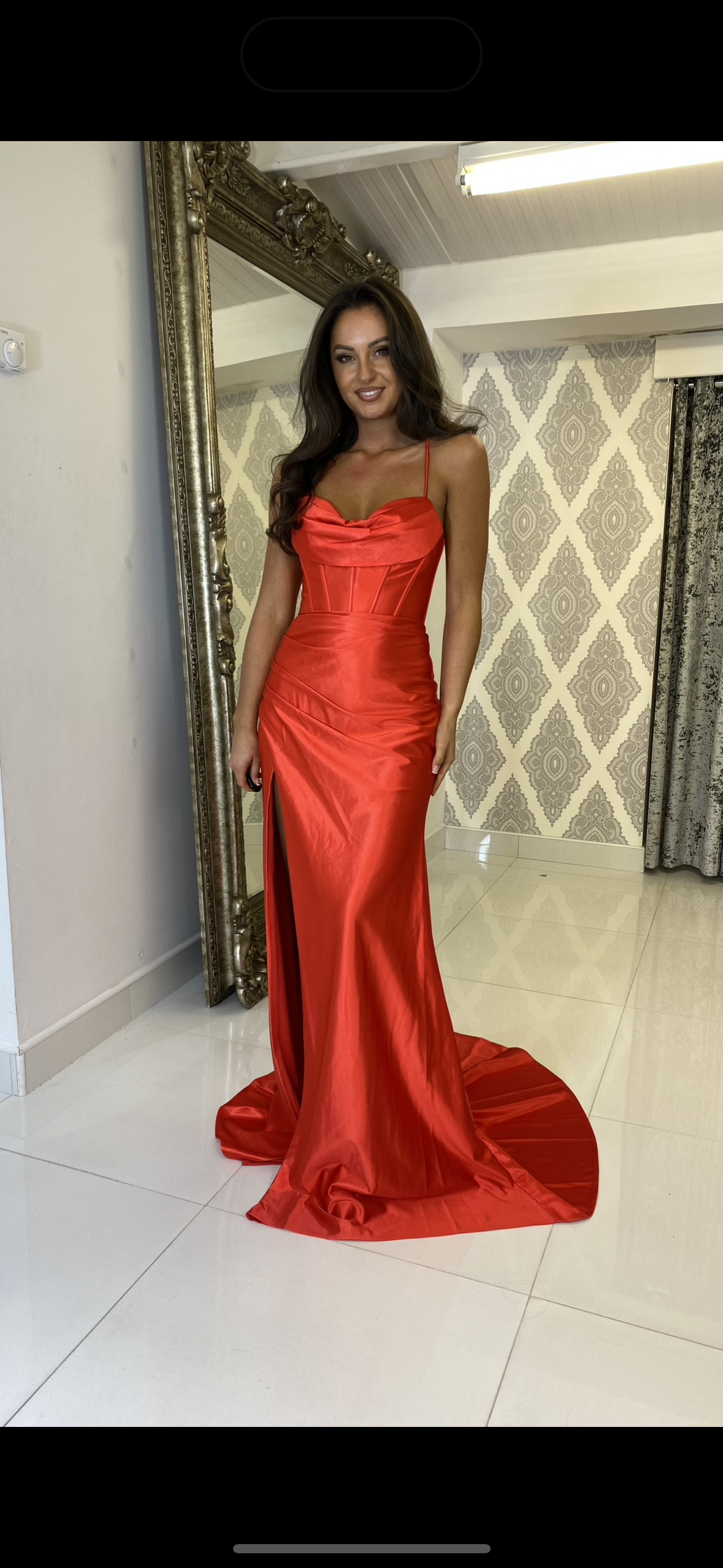 Red Satin Drape Front Formal Gown