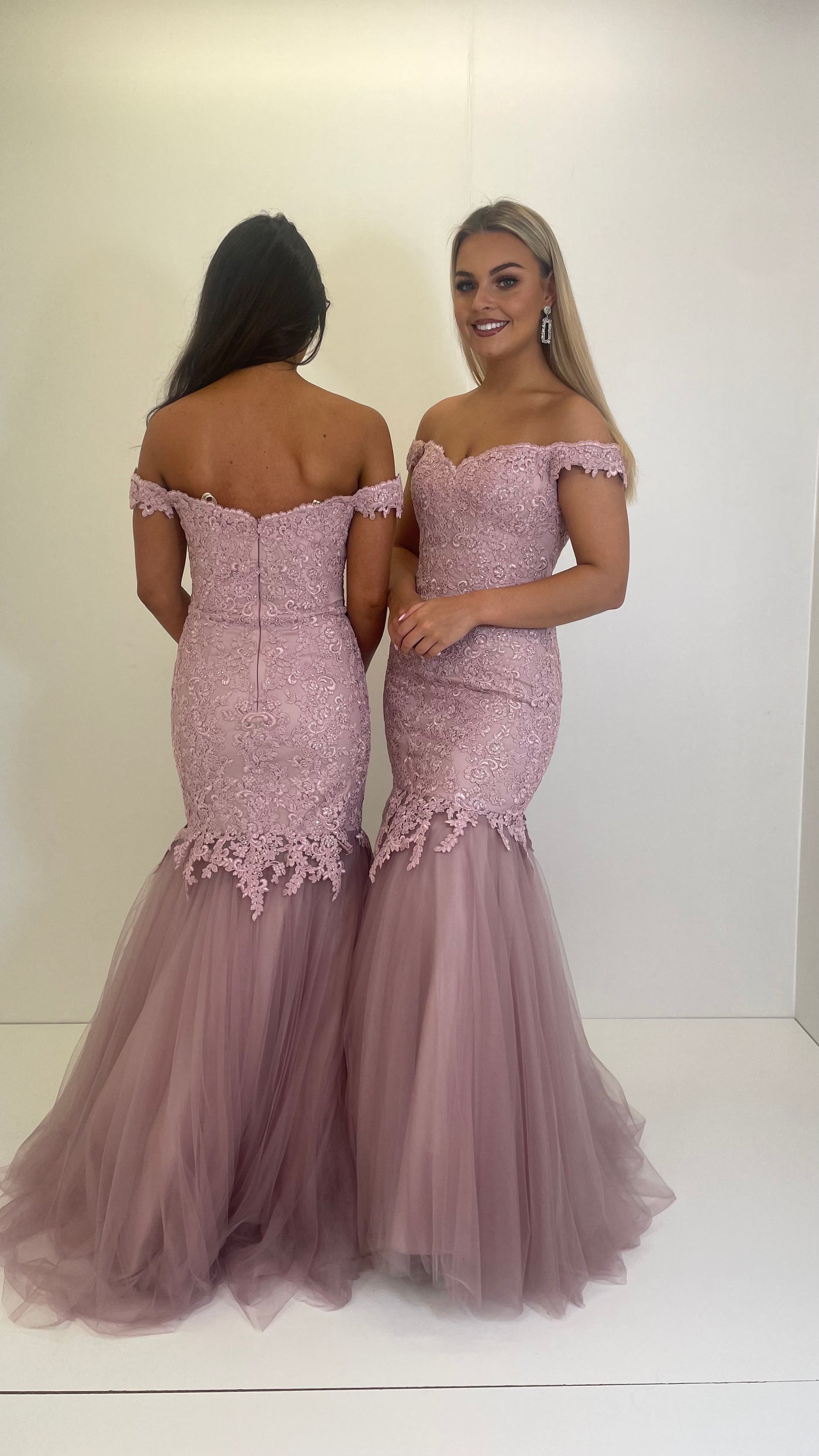Blush Pink Bardot Lace Fishtail Prom Dress