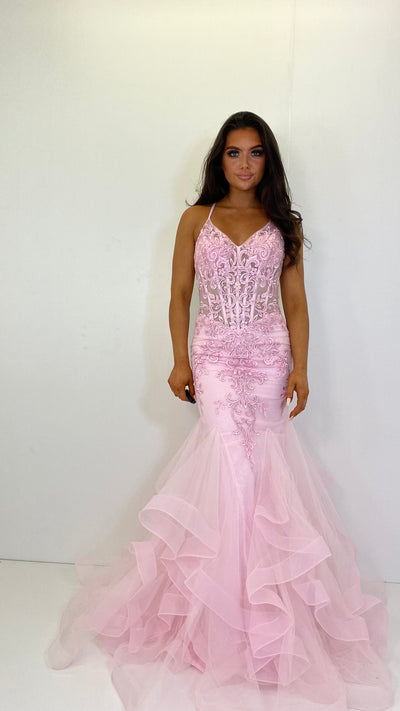 Pink Swirl Corset Fishtail Prom Dress