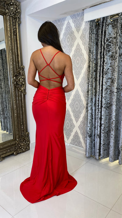 Red Ruched Strappy Open Back Evening Gown