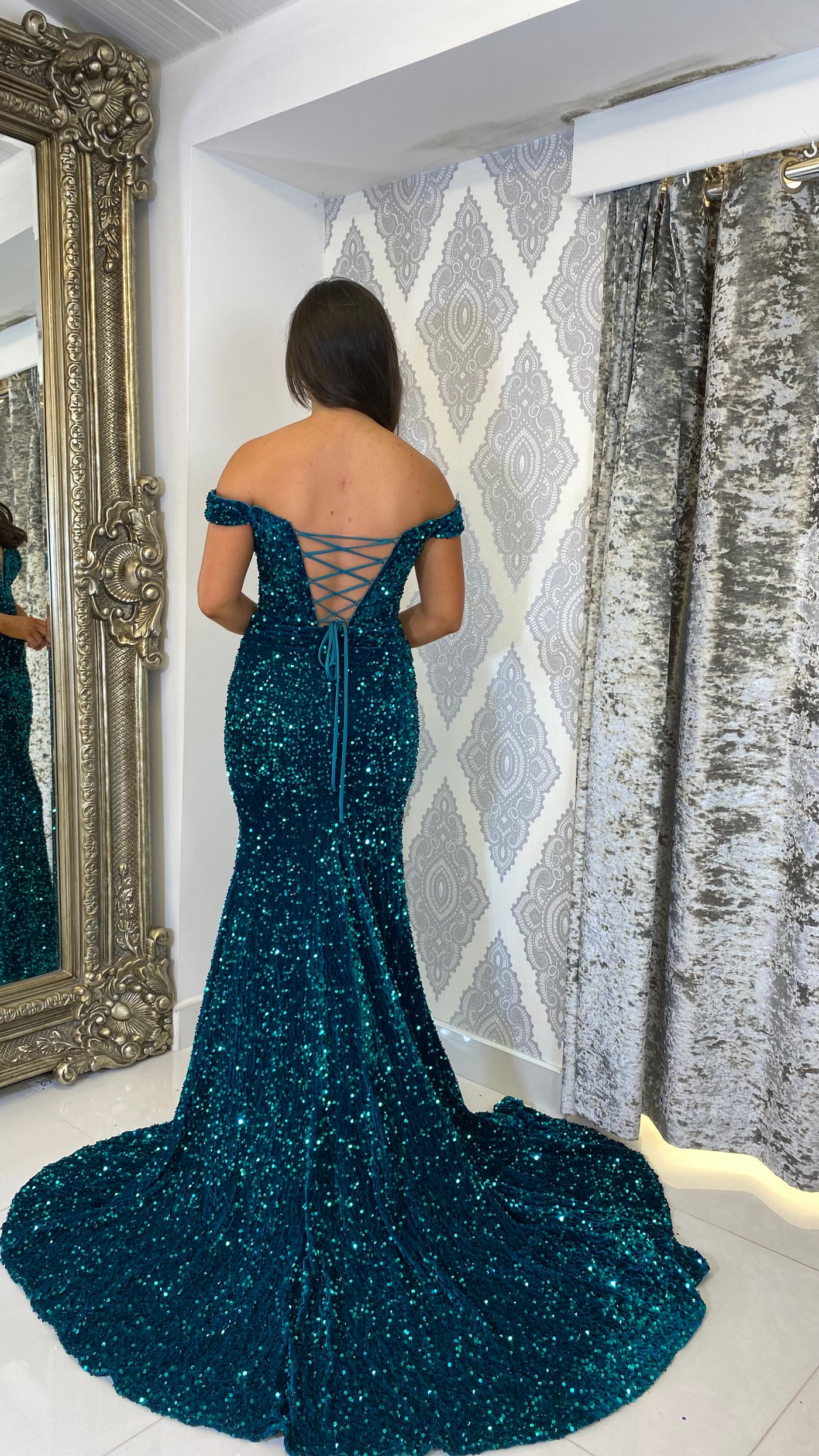 Green Sequin Bardot Evening Gown Rosies Closet