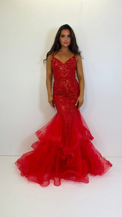 Red V-Neck Strap Back Fishtail Prom Dress