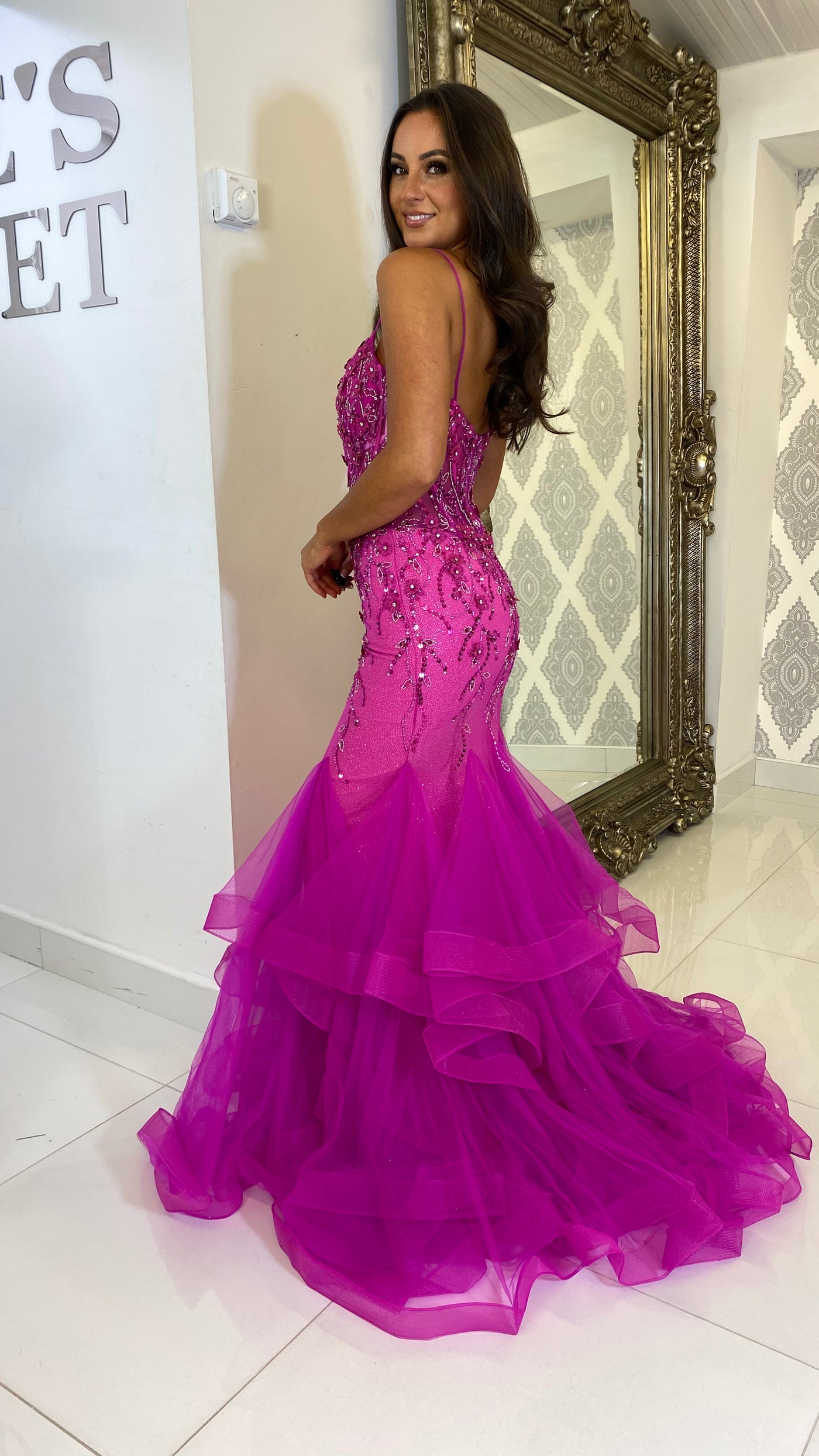 Fuchsia Pink Corset Jewell Fishtail Prom Dress