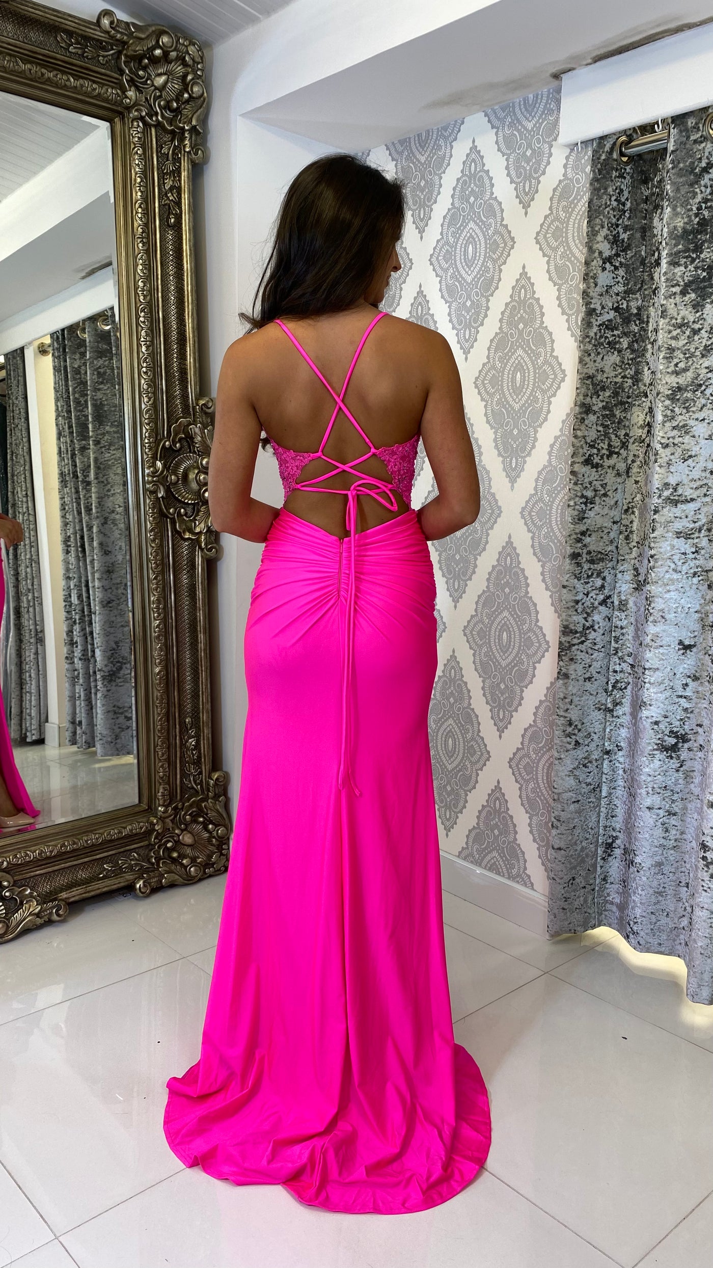 Hot Pink Corset Lace Formal Gown Rosies Closet