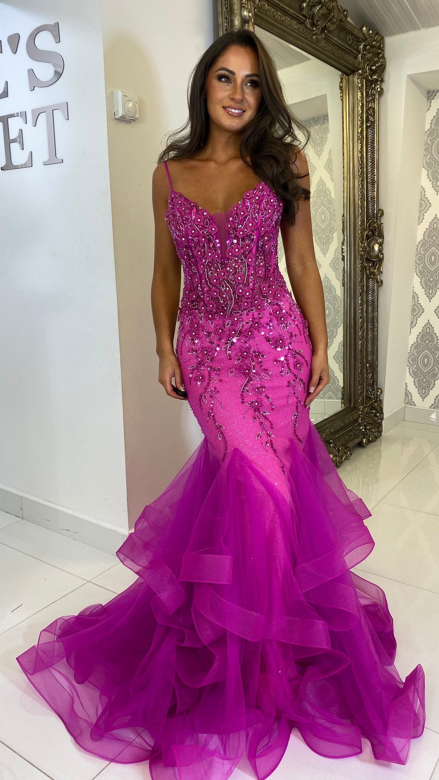 Fuchsia Pink Corset Jewell Fishtail Prom Dress