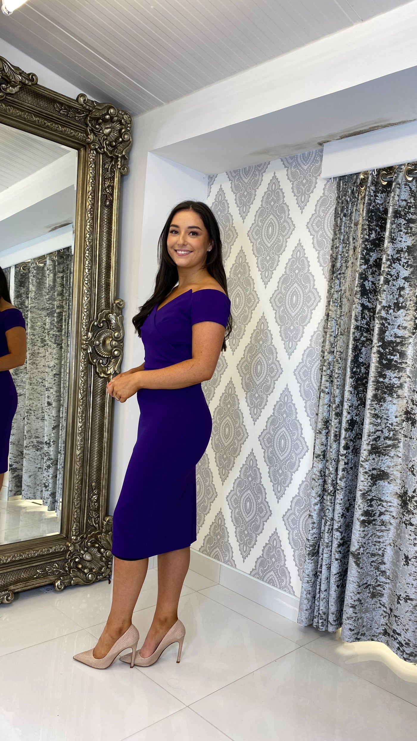 Purple Pointed Bardot Midi Dress