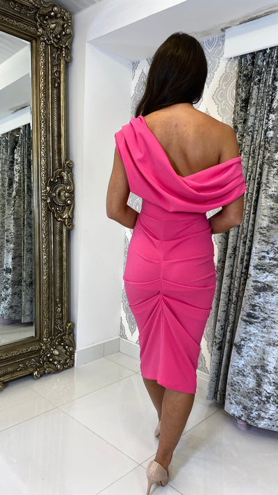 Hot Pink Drape Shoulder Midi Bodycon Dress