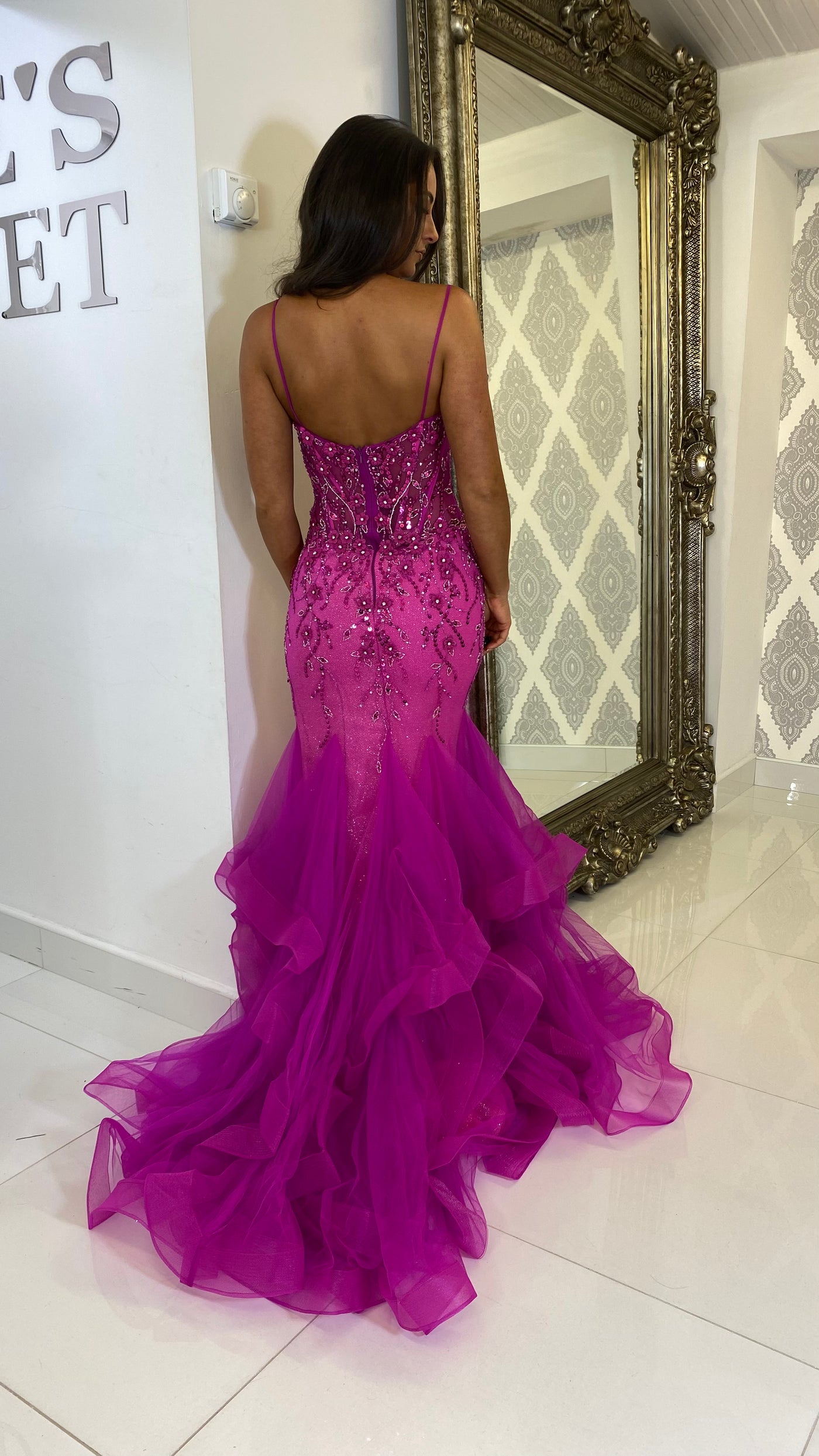 Fuchsia Pink Corset Jewell Fishtail Prom Dress