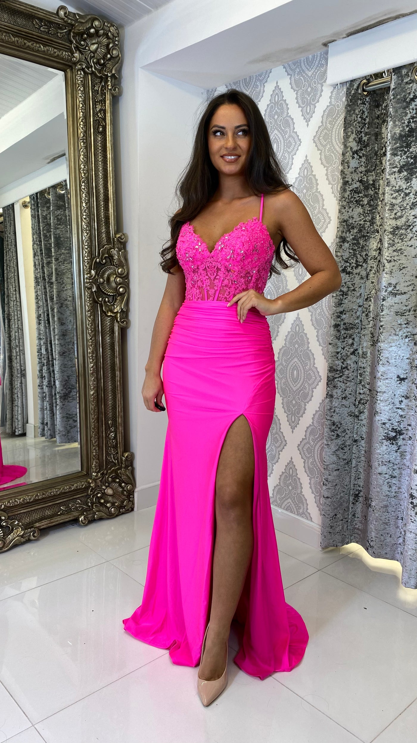 Hot Pink Corset Lace Formal Gown Rosies Closet