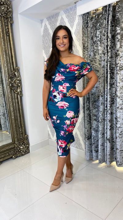 Teal Floral Print Drape Shoulder Midi Bodycon Dress