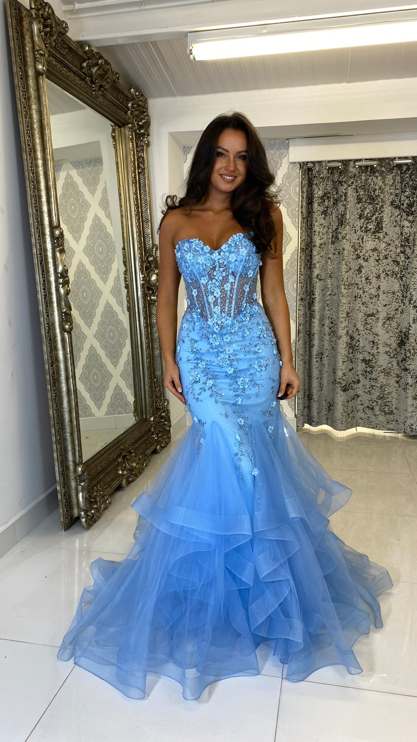 Baby Blue Corset Jewell Strapless Fishtail Prom Dress