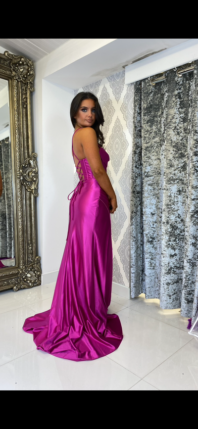 Magenta Satin Drape Front Formal Gown