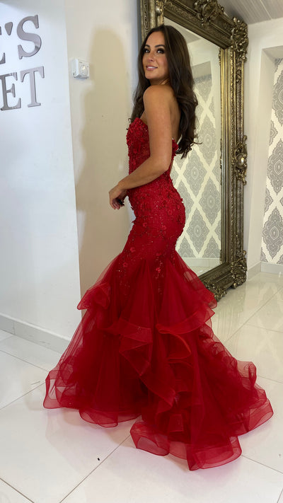 Red Corset Strapless Fishtail Prom Dress