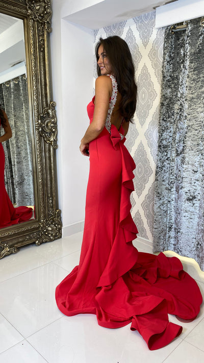 Red Backless Bow Back Evening Gown