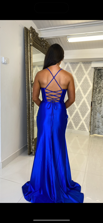Cobalt Blue Satin Drape Front Formal Gown