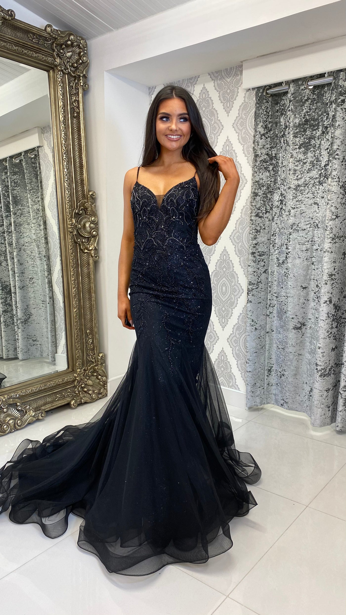 Black Skinny Strap Jewell Corset Fishtail Prom Dress – Rosies Closet