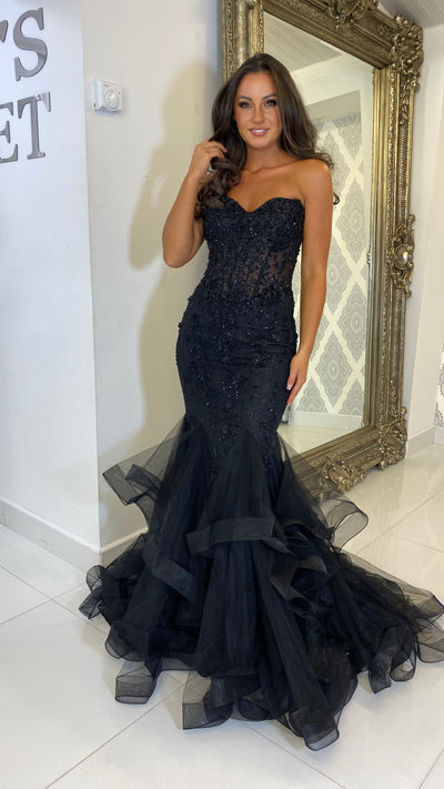 Black Corset Jewell Strapless Fishtail Prom Dress