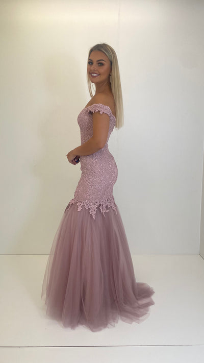 Blush Pink Bardot Lace Fishtail Prom Dress