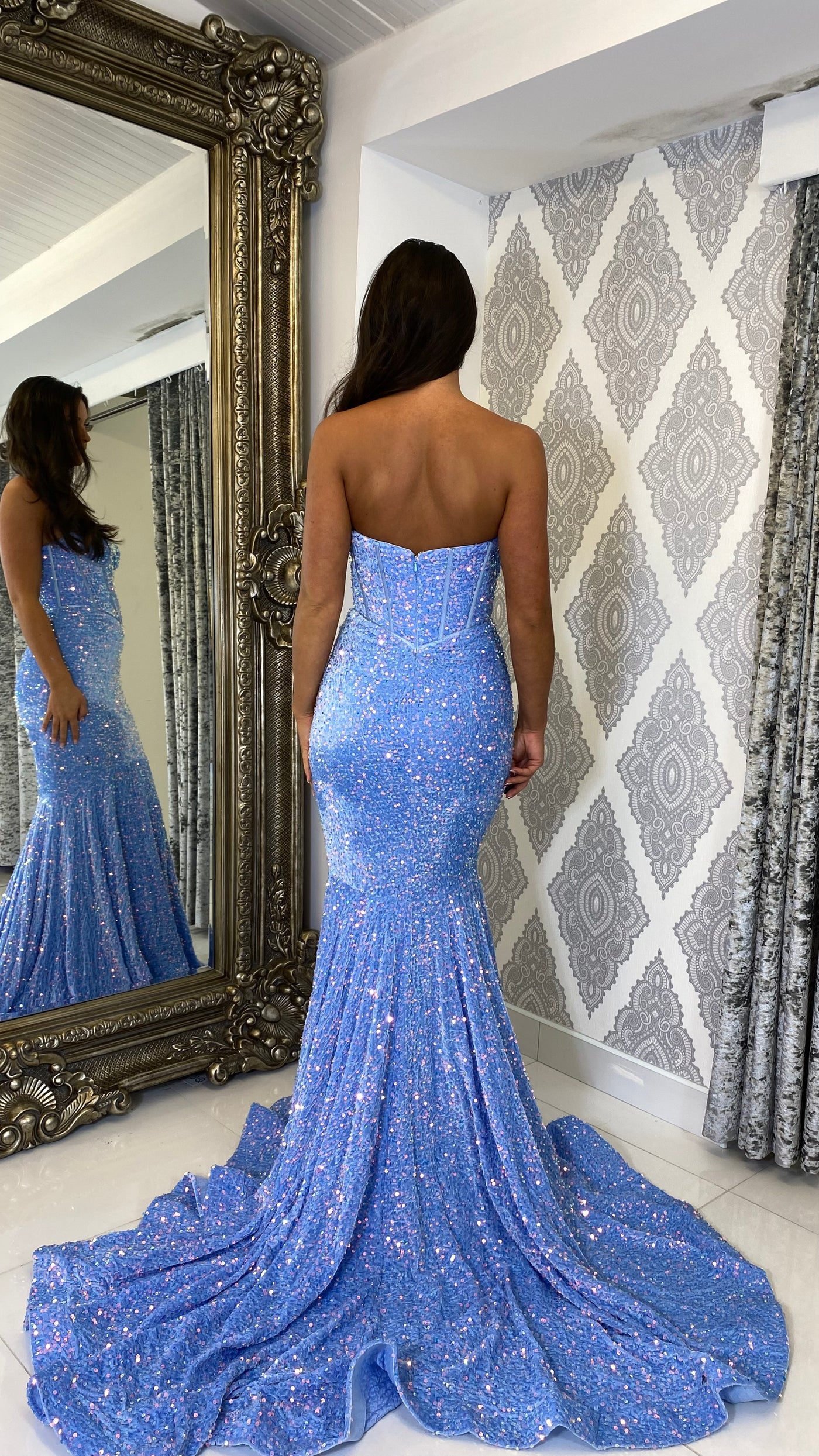 Baby Blue Sequin Corset Strapless Evening Gown