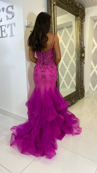 Fuchsia Pink Corset Jewell Fishtail Prom Dress