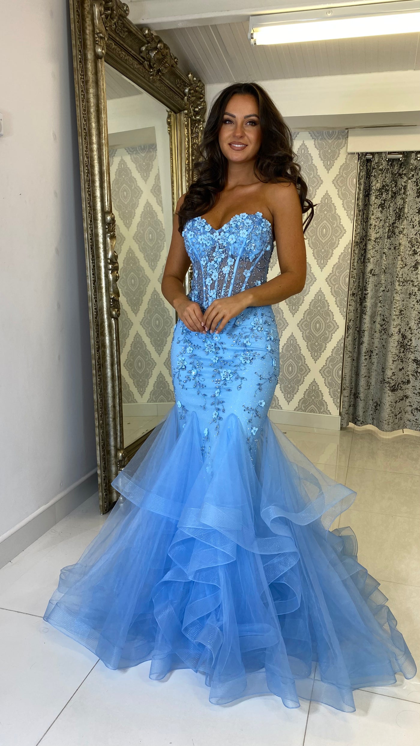 Baby Blue Corset Jewell Strapless Fishtail Prom Dress