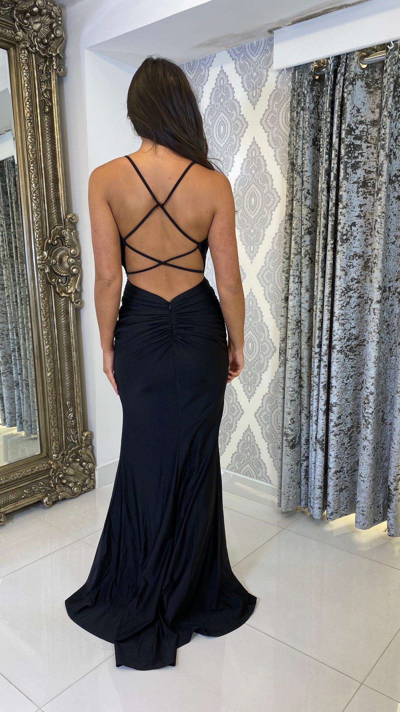 Black Ruched Strappy Open Back Evening Gown