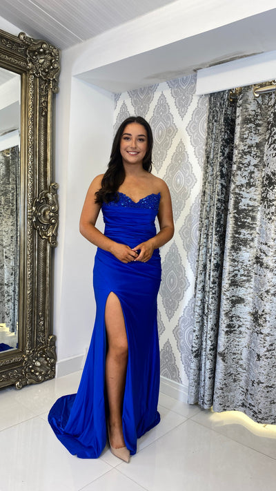 Cobalt Blue Corset Strapless Detail Open Back Evening Gown