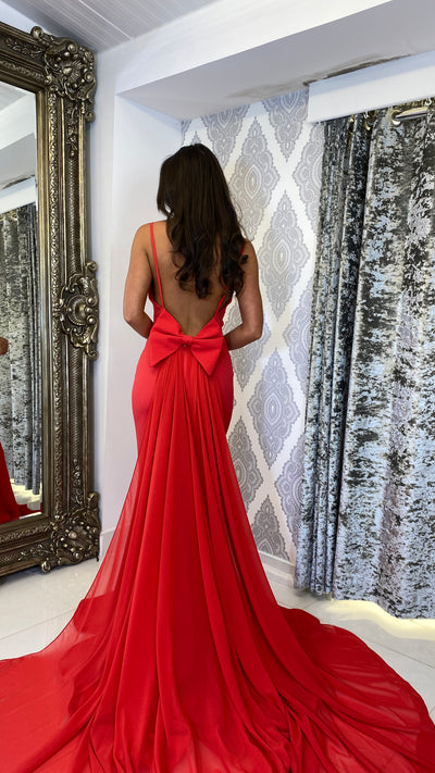 Red prom dress with 2025 bow on the back