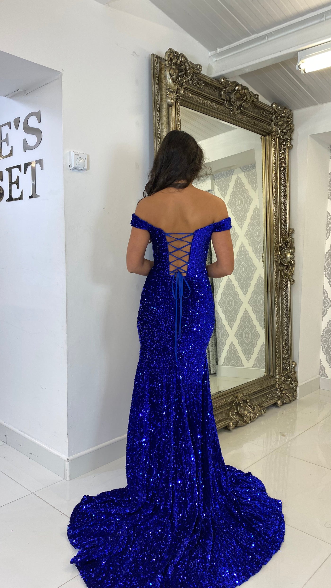 Royal Blue Sequin Bardot Evening Gown
