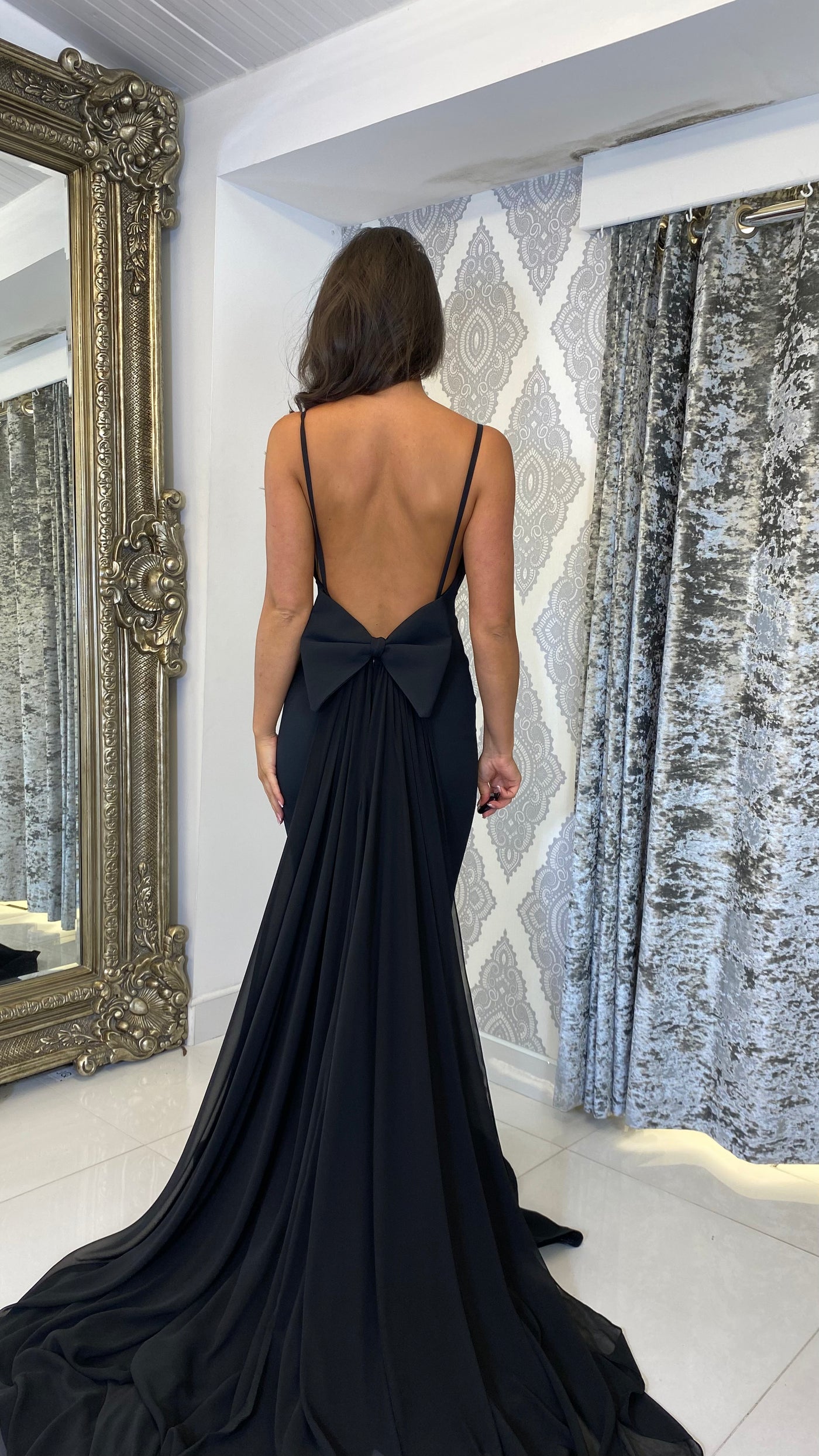 Black Bow Back Chiffon Trail Prom Dress – Rosies Closet