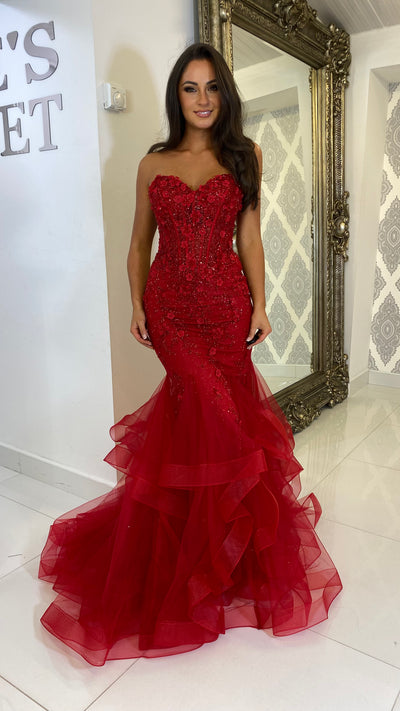 Red Corset Strapless Fishtail Prom Dress