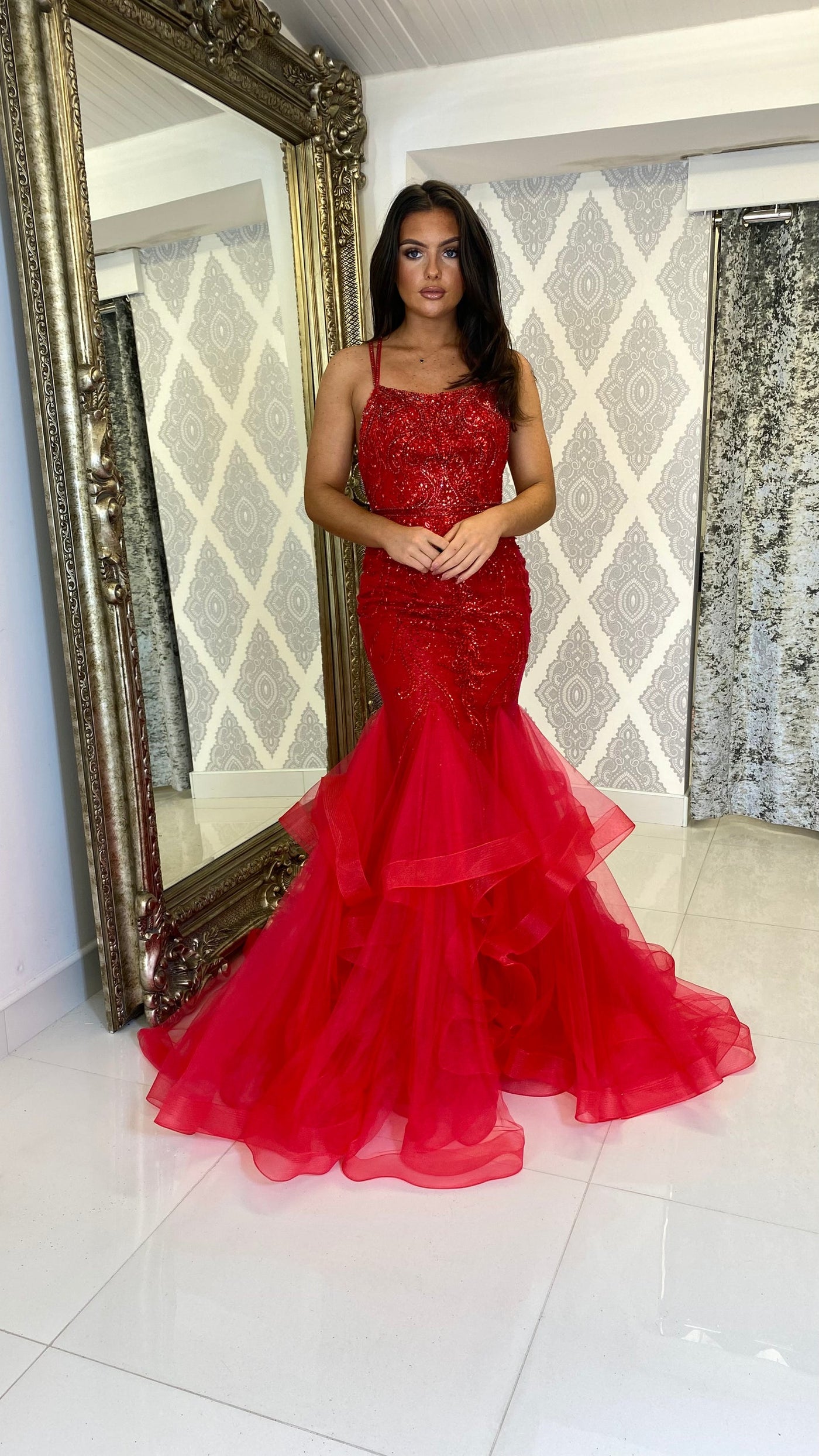 Red Straight Neck Fishtail Prom Dress