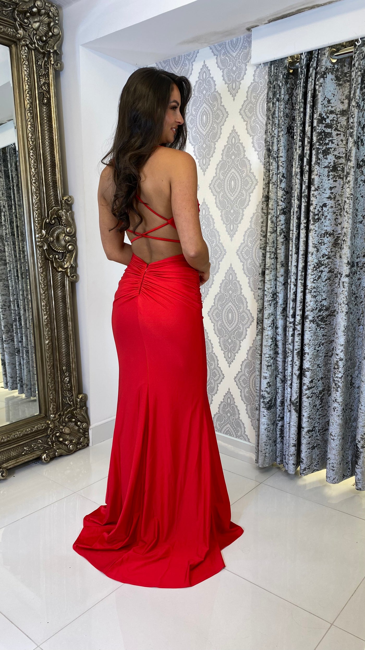 Red Ruched Strappy Open Back Evening Gown