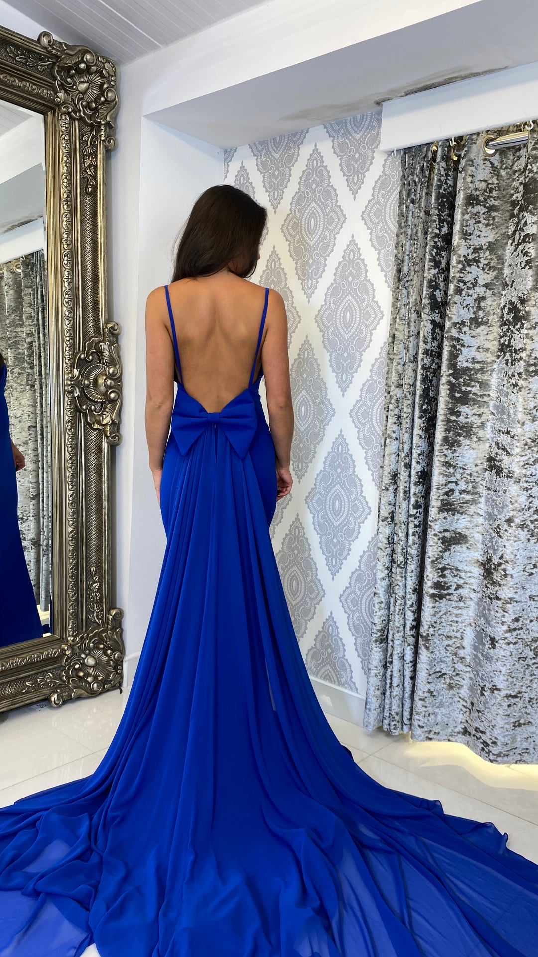 Royal Blue Bow Back Chiffon Trail Prom Dress – Rosies Closet