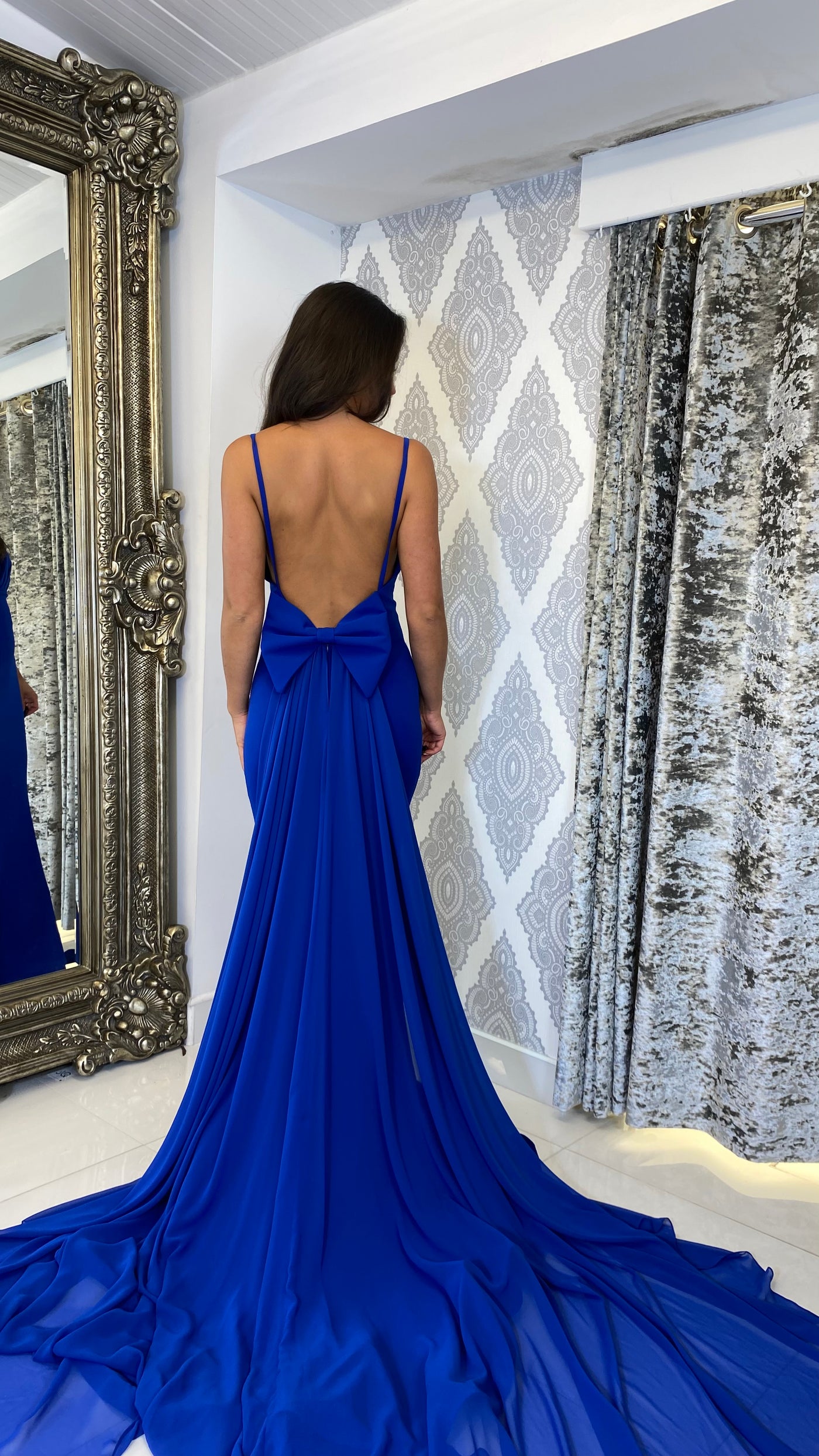 Royal Blue Bow Back Chiffon Trail Prom Dress