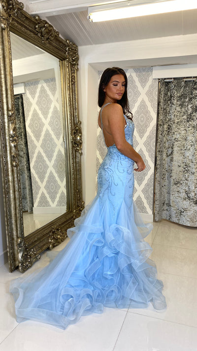Baby Blue Straight Neck Fishtail Prom Dress
